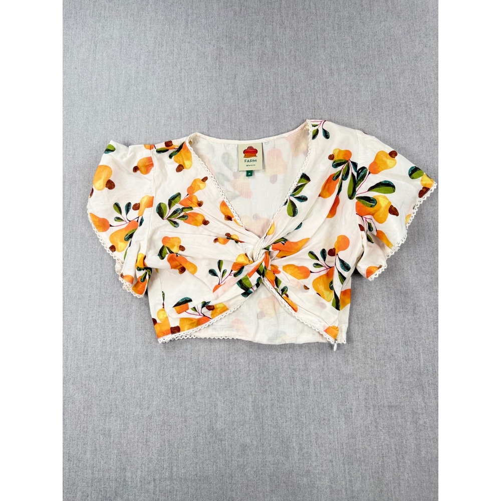 Farm Rio Cashew Fruit Print Twist Front Crop Top Orange Yellow White Medium